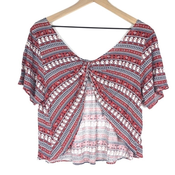 FOREVER 21 Crop Top Short Sleeve Open Back Twist Floral Southwestern Size Medium - Picture 2 of 9